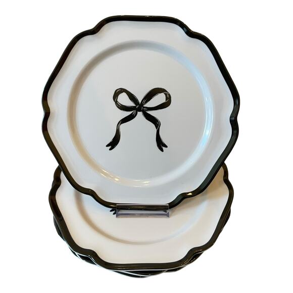 Shabby Chic Black Bow Melamine Salad Plates 8.5in Set of 4 White New - Picture 6 of 10
